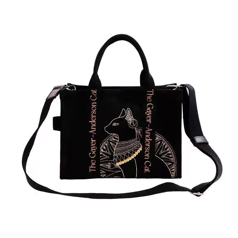 Cat Embroidered Canvas Shoulder Bag Letter Print Handbags Leisure Daily Students Preppy Style Messenger Crossbody Bags - Image 4
